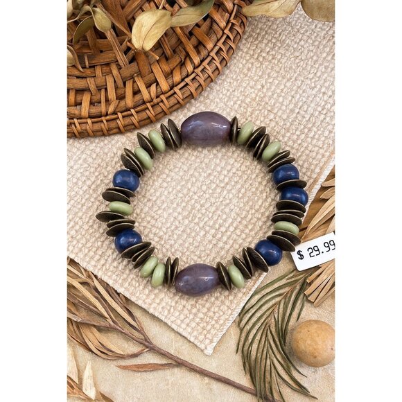Boho Stretch Bracelet – Ballet Purple, Navy Blue & Sage Green Glass Beads with A - Picture 1 of 7